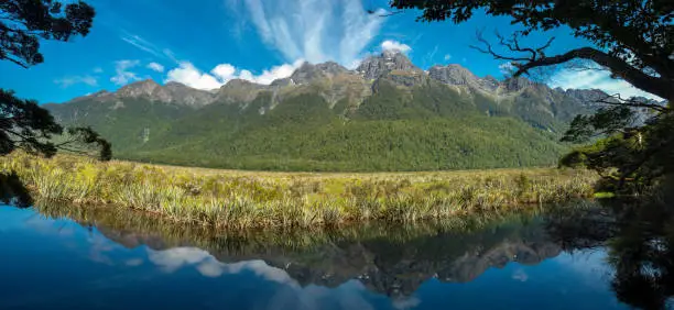 Photo of Mirror lake and Earl Mountains  along State Highway 94,road between Te Anau and Milford Sound, Fiordland National Park, South Island, New Zealand