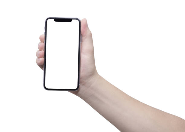 istock Hand with smart phone on white back ground isolate, touch on screen by finger and hold by hand. 1484476162
