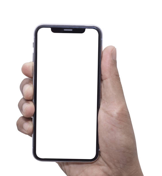 istock Hand with smart phone on white back ground isolate, touch on screen by finger and hold by hand. 1484476163