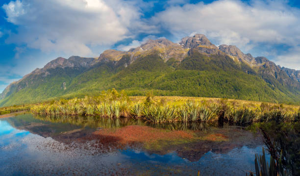 mirror lake e earl mountains lungo la state highway 94 tra te anau e milford sound, fiordland national park, isola del sud, nuova zelanda - te anau foto e immagini stock