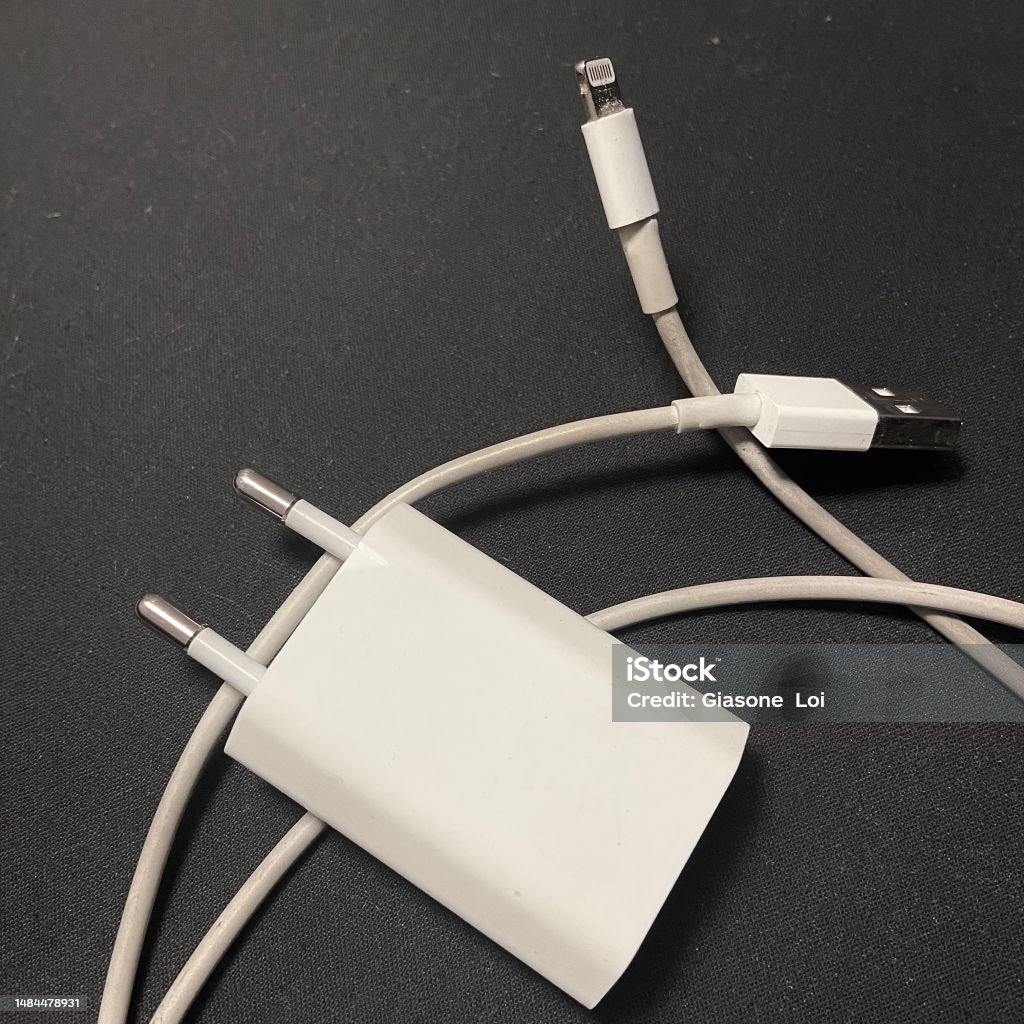 Apple USB connection cable for iPhone and iMac. Oggiono, Lecco, Italy 04/20/2023 Battery charger and Apple USB connection cable for iPhone and iMac. Black and dark background with shadows and lights. Appliance Stock Photo