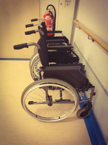 A wheelchair in a hospital