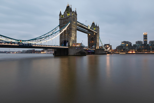 Long exposure, Illuminated Tower Bridge over river Thames in London