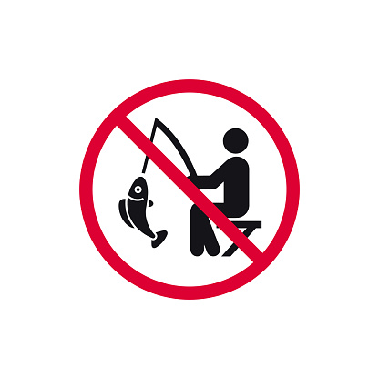 No fishing prohibited sign, forbidden modern round sticker, vector illustration.