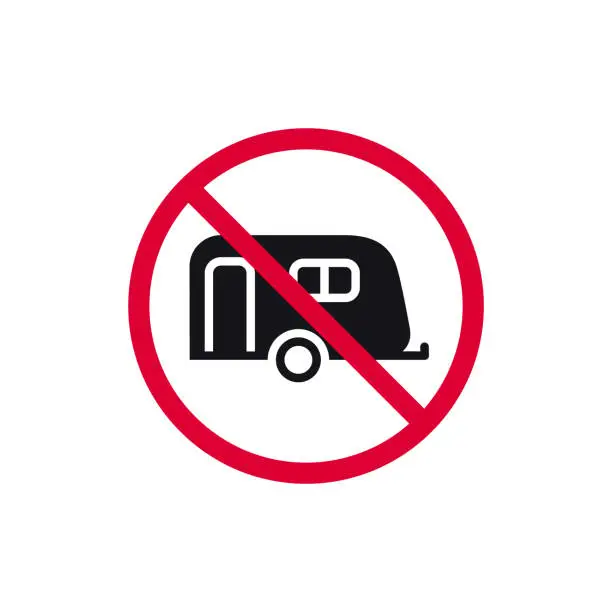 Vector illustration of No camping cars prohibited sign, no caravan forbidden modern round sticker, vector illustration