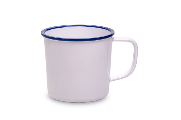 istock Single empty white enamel coffee cup or coffee mug with blue edge isolated on white background. 1484488138