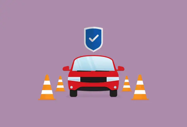 Vector illustration of Car shield protection and traffic cone for car insurance concept