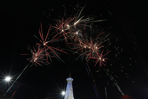 New Year celebration with fireworks in tugu yogyakarta monument