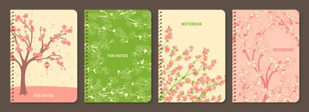 Vector illustration of Sakura cherry blossom tree trendy notebook cover set Japanese blooming plant flowers design planner
