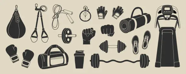 Vector illustration of Sport equipment elements in modern flat line style. Hand drawn fitness inventory, gym accessories vector illustrations. Healthy lifestyle. Dumbbell, sport bag, barbell, fist, shoes, boxing gloves.