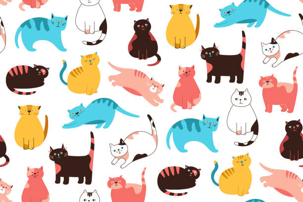 ilustraciones, imágenes clip art, dibujos animados e iconos de stock de gatos garabatos dibujos animados patrón sin costuras gatito diferentes poses fondo de pantalla ilimitado fondo sin fin - felino salvaje