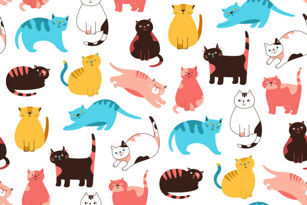 Cats doodle cartoon seamless pattern kitty different poses boundless wallpaper endless background Cats cute doodle cartoon seamless pattern. Kitty purebred with different poses boundless wallpaper. Cats sleeping, stretching itself, playing endless background. Kitten characters pet animals vector undomesticated cat stock illustrations