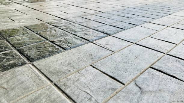 Granite Stone Floor Background Perspective View of Monotone Gray Brick Stone on Floor Background Stamped Concrete Driveway Installation.