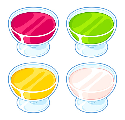 Fruit jelly dessert in glass, different flavors set. Cartoon vector illustration.