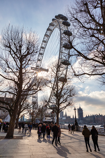 London, UK - Feb 22, 2018: The London Eye in London wheel in london city along the river thames. It is one of the most famous attraction of London. London Eye is a giant Ferris wheel situated on the banks of the River Thames in London, England. The entire structure is 135 metres. UK