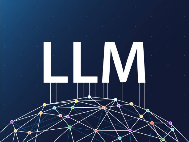 llm / 대규모 언어 모델 배경. 연결된 llm 텍스트 그림이 있는 파란색 어두운 벽지 - chat gpt stock illustrations