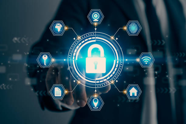 istock Businessman Hand and Finger Touching Screen and Hexagon Blue HUD Lock Security Sign in Vintage Tone 1484497625