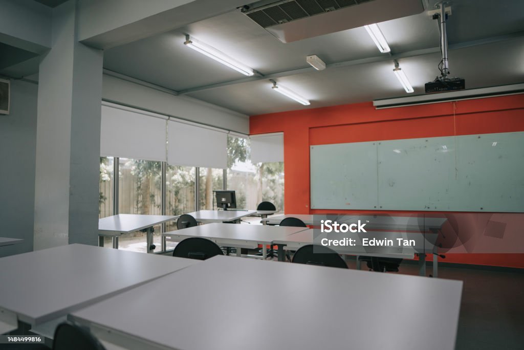 classroom in college interior building Lecture Hall Stock Photo