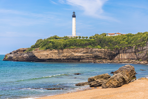 Lighthouse overlooking Pointe Saint-Martin, seen from the main beach of Biarritz, France
