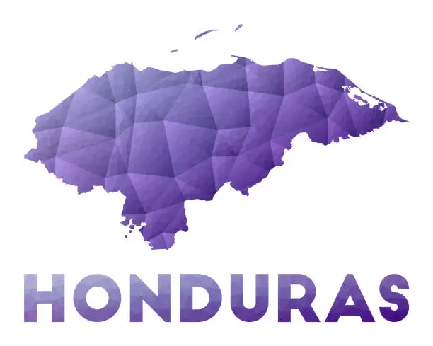 Vector illustration of Map of Honduras. Low poly illustration of the country. Purple geometric design. Polygonal vector illustration.