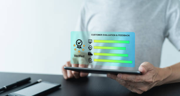 istock Happy customer or client review best product performance and excellent service quality feedback. Corporate or company positive reputation online survey, good evaluation rating and ranking 1484503477
