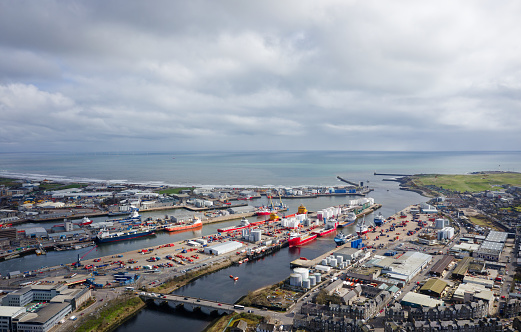 Aberdeen harbour and ships viewed from above UK