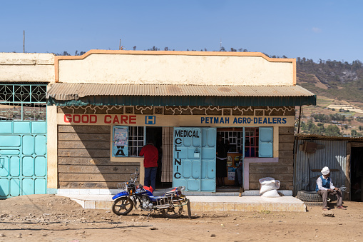 Narok, Kenya, Africa - March 8, 2023: Small medical clinic or hospital in a village in rural Kenya