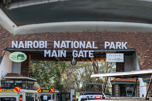 Nairobi, Kenya - March 18, 2023: Land Cruisers and safari vans wait to enter the main gate of Nairobi National Park in Africa
