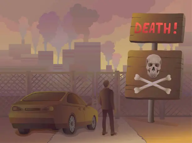 Vector illustration of A man stands at a car next to a fence with a sign on a wooden board with a skeleton with the inscription 