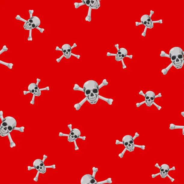 Vector illustration of A white or light gray skull with crossbones on a red background. Seamless pattern. The human skeleton and anatomy. Vector illustration.