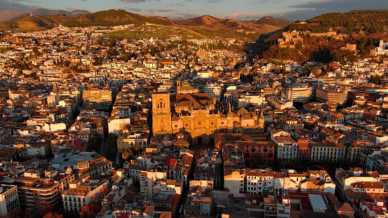 Mesmerizing Aerial View of Granada Cathedral at Sunset - A Stunning Example of Baroque Architecture and Roman Catholic Church Located in the Heart of Andalusia, Spain.