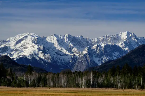 Malerischer Blick zum Wettersteingebirge mit Zugspitze und Alpspitze