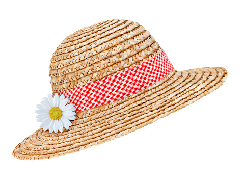 Straw hat and daisy isolated on white  background