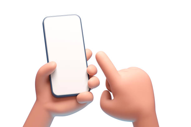 istock Cartoon hand holding smartphone on white background 1484522736