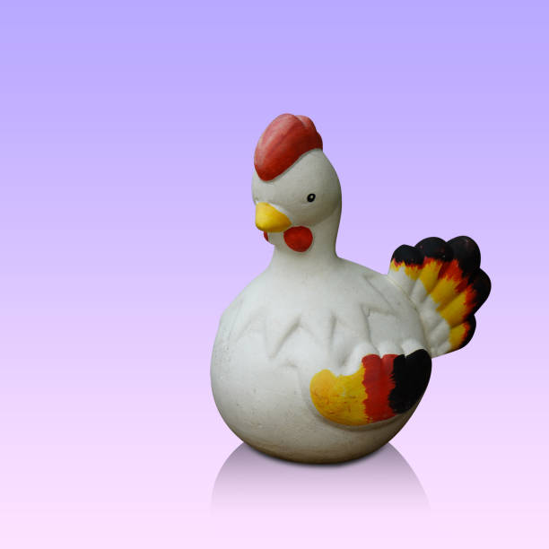 old white and red chicken on gradient purple and pink background, animal, object, decoration, vintage, gift, copy space