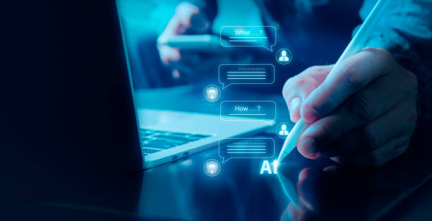 istock Hand written Digital chatbot to access data and information in online network. Robot Applications and Global Connectivity AI Artificial Intelligence innovation and technology AI assistance 1484525675
