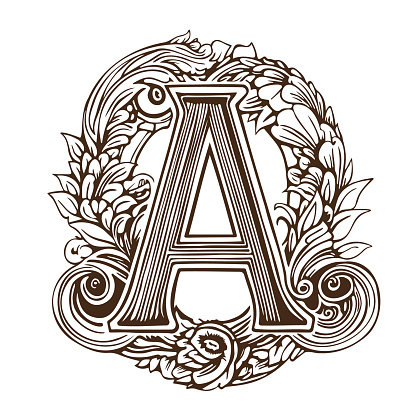 letter D Floral monogram. Vintage ornament initial Alphabet spiral scroll style.