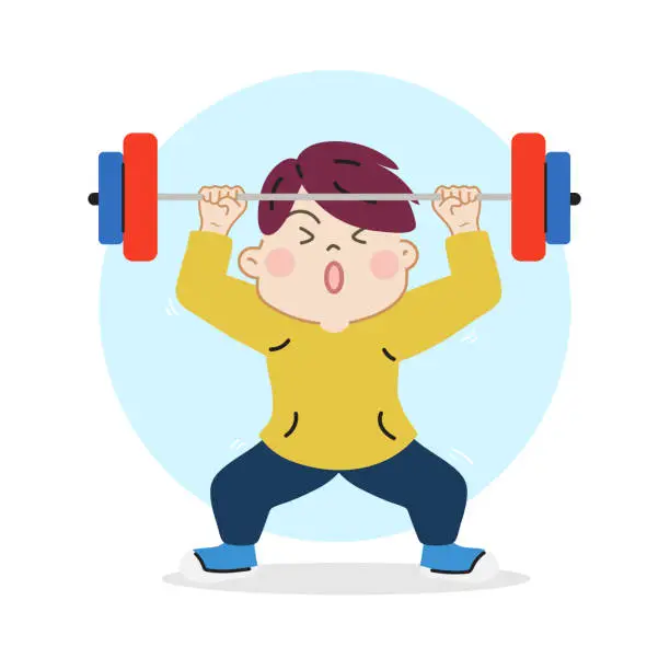 Vector illustration of ittle boy strong bodybuilder sportsman lifting heavyweight barbell. Cartoon hand drawn character vector isolated on white background.