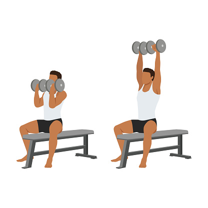 Man doing seated Arnold press on a bench exercise. Flat vector illustration isolated on white background