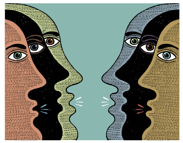 illustrazioni stock, clip art, cartoni animati e icone di tendenza di illustrazione di volti parlanti - litigare