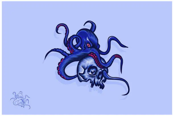 Vector illustration of Octopus with skull dangerous tatoo style blue color scalable illustration eps format