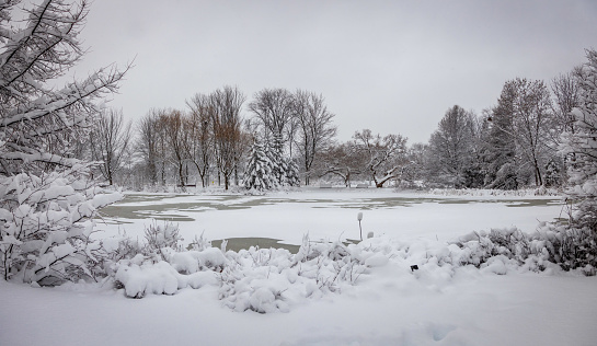 Painting of a snowy landscape in winter.