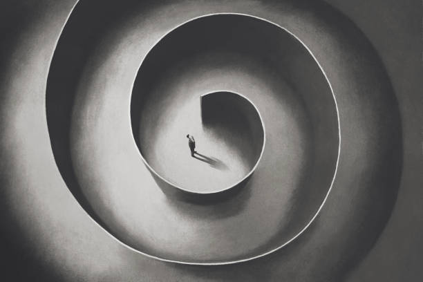 ilustrações de stock, clip art, desenhos animados e ícones de illustration of man lost in a circular maze, surreal abstract concept - hopelessness