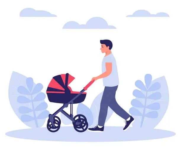 Vector illustration of Happy young dad walks with a baby stroller. Concept for Father's Day. Vector illustration in a flat style.