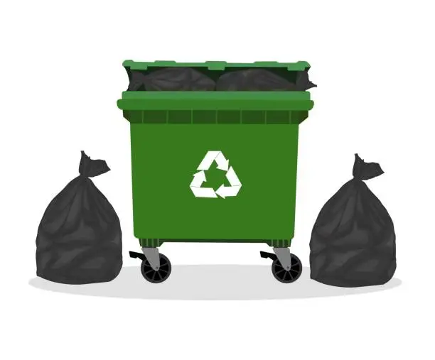 Vector illustration of Street trash can filled with waste bags. Flat vector illustration.