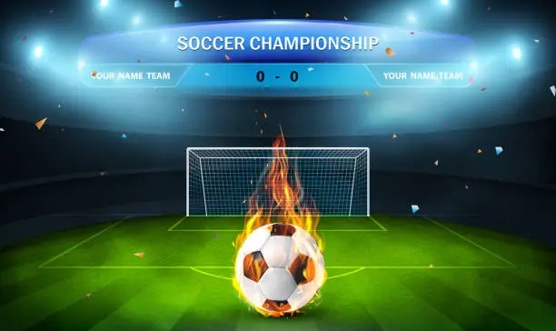Vector illustration of Fiery soccer ball on a field of stadium with the goal gate and searchlights