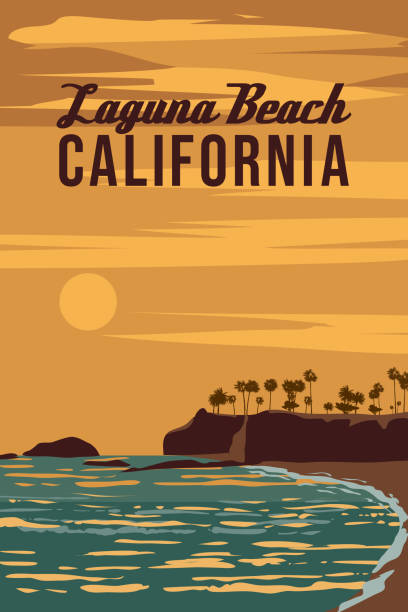 California Laguna Beach retro travel poster, sunset, palms, ocean surf. Vector illustration vintage card