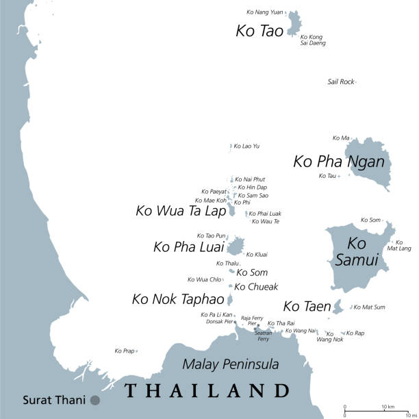 From Ko Samui to Koh Tao, islands off Thailand coast, gray political map From Ko Samui to Ko Tao, gray political map. Popular tourist and travel destinations with numerous islands off the coast of Thailand, geographically in the Chumphon Province and Surat Thani Province. koh tao stock illustrations