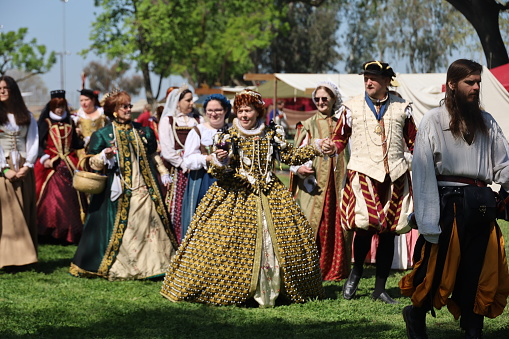 4-15-2023: Visalia, California: Royals parade, in period costumes at a Renaissance Faire