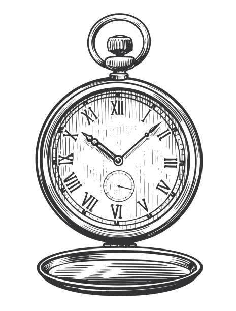 ilustrações, clipart, desenhos animados e ícones de relógio de bolso clássico mecânico. relógio antigo antigo. ilustração vetorial do esboço vintage - pocket watch watch clock pocket